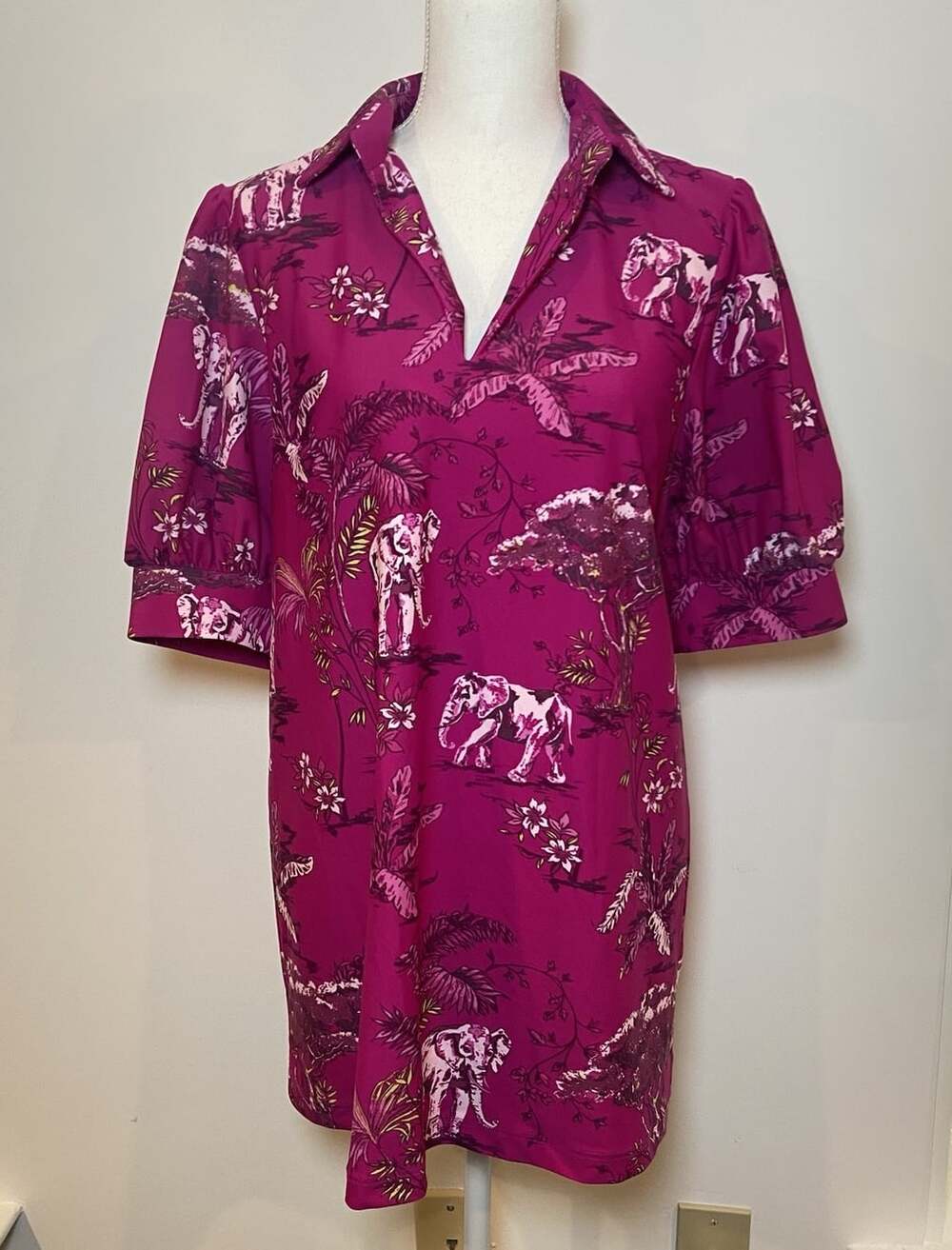 Jude Connally Emerson Dress Puff Sleeve Collar Preppy Pink Elephants M